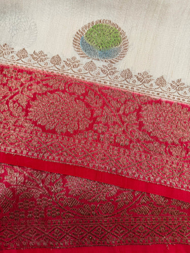 Lightweight Tussar Silk Saree | Antique Zari | Beige | Hand Brushed | Handwoven | Ships from California